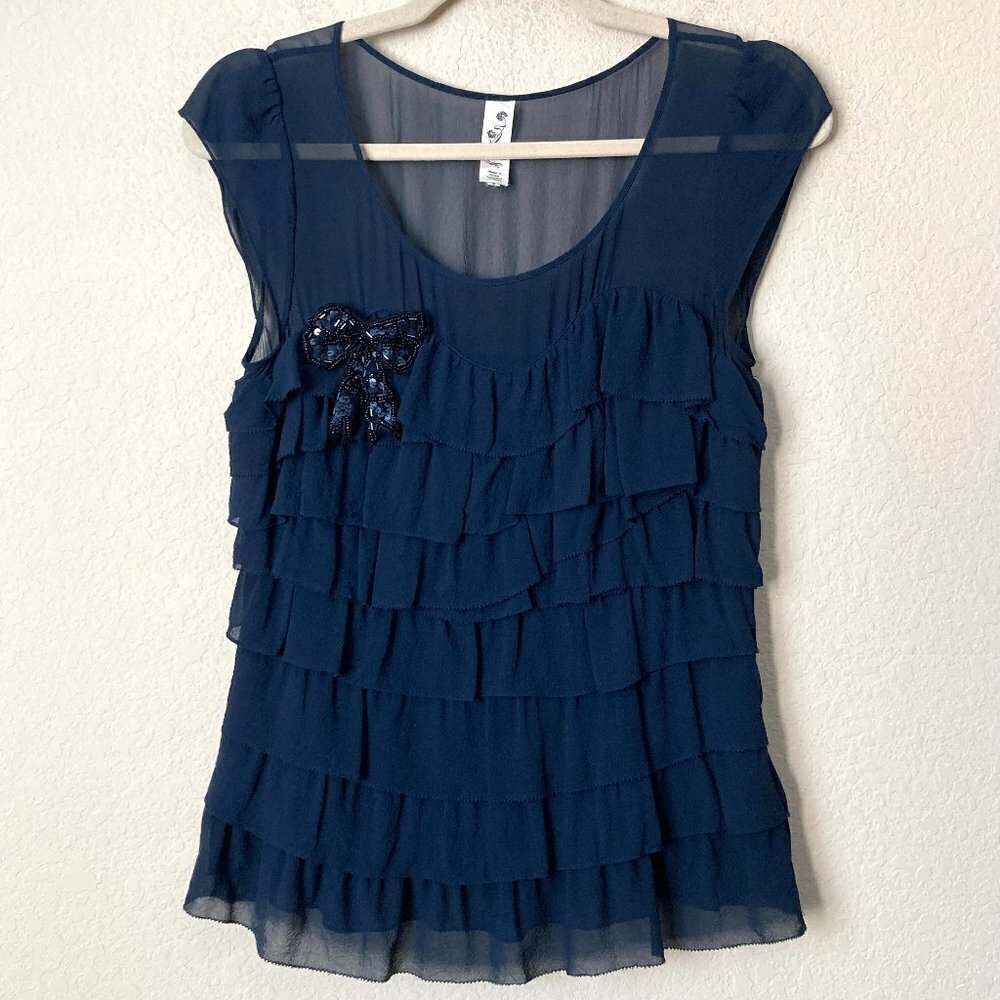 Anthropologie Floreat Silk Navy Tiered Ruffle Ellsworth Bow Brooch Blouse